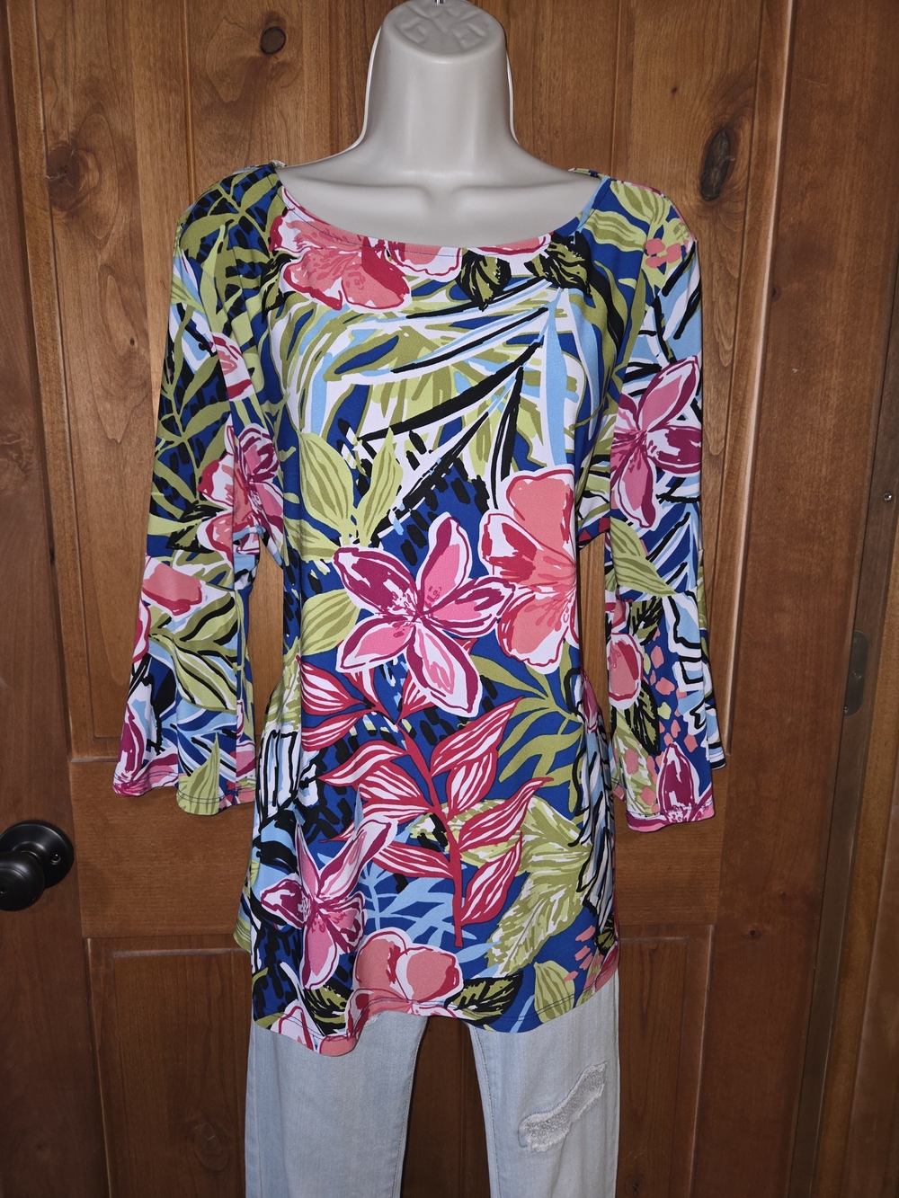 Jones Studio Floral‎ Boatneck Tunic in Pink, Blue and Green